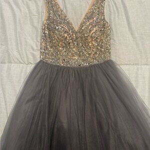 Gray tulle homecoming/prom dress with silver beading